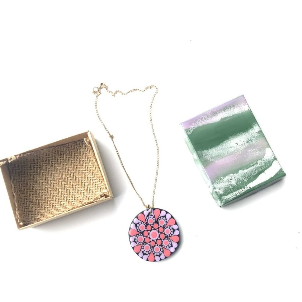 Necklaces with ornaments in pointillism technique, multicolor, jewelry.